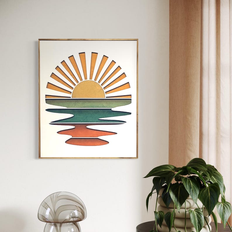 May include: A retro-style sunset graphic with a stylized sun and water reflection in shades of orange, yellow, green, and red.