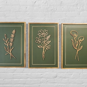 Flower Wood Wall Art | Botanical Flower Wooden Wall Art | 3 piece wall hanging set for living room