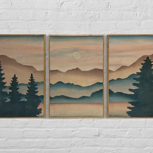 Mountain Landscape Sun Trees Wood Wall Art | Boho Mountain and Tree Wall Hanging | Laser Cut Wall Art