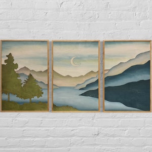 Tríptico de montaña de madera para pared: Luna creciente bohemia, inspirado en la naturaleza
