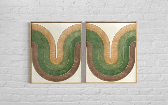 Mid Century Modern Wood Wall Art | Retro Wall Hanging | 2-Piece Set | Wave Pattern Art | Green and Tan Watercolor Art