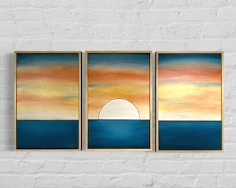 Ocean Sunset Wood Wall Art |Framed Boho 3 piece Wooden Wall Hanging | Landscape Living Room Wall Decor