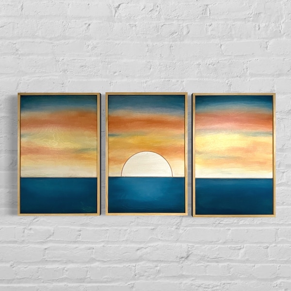 Ocean Sunset Wood Wall Art |Framed Boho 3 piece Wooden Wall Hanging | Landscape Living Room Wall Decor