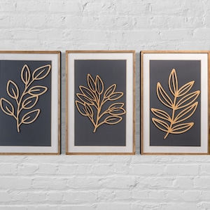 Wood Leaf Wall Art | Leaf Line Art set of 3 | Botanical Wooden Wall Hanging