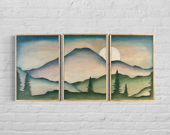 Boho Mountain Wood Wall Art: Abstract Landscape Decor