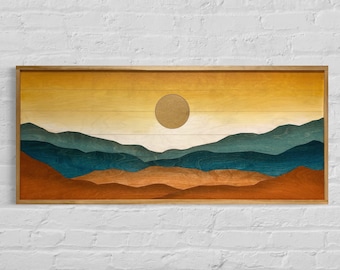 Long Sunset Mountain Landscape Wood Wall Art | Landscape Wooden Wall Hanging | Hand Painted Watercolor Home Decor for Over the Bed