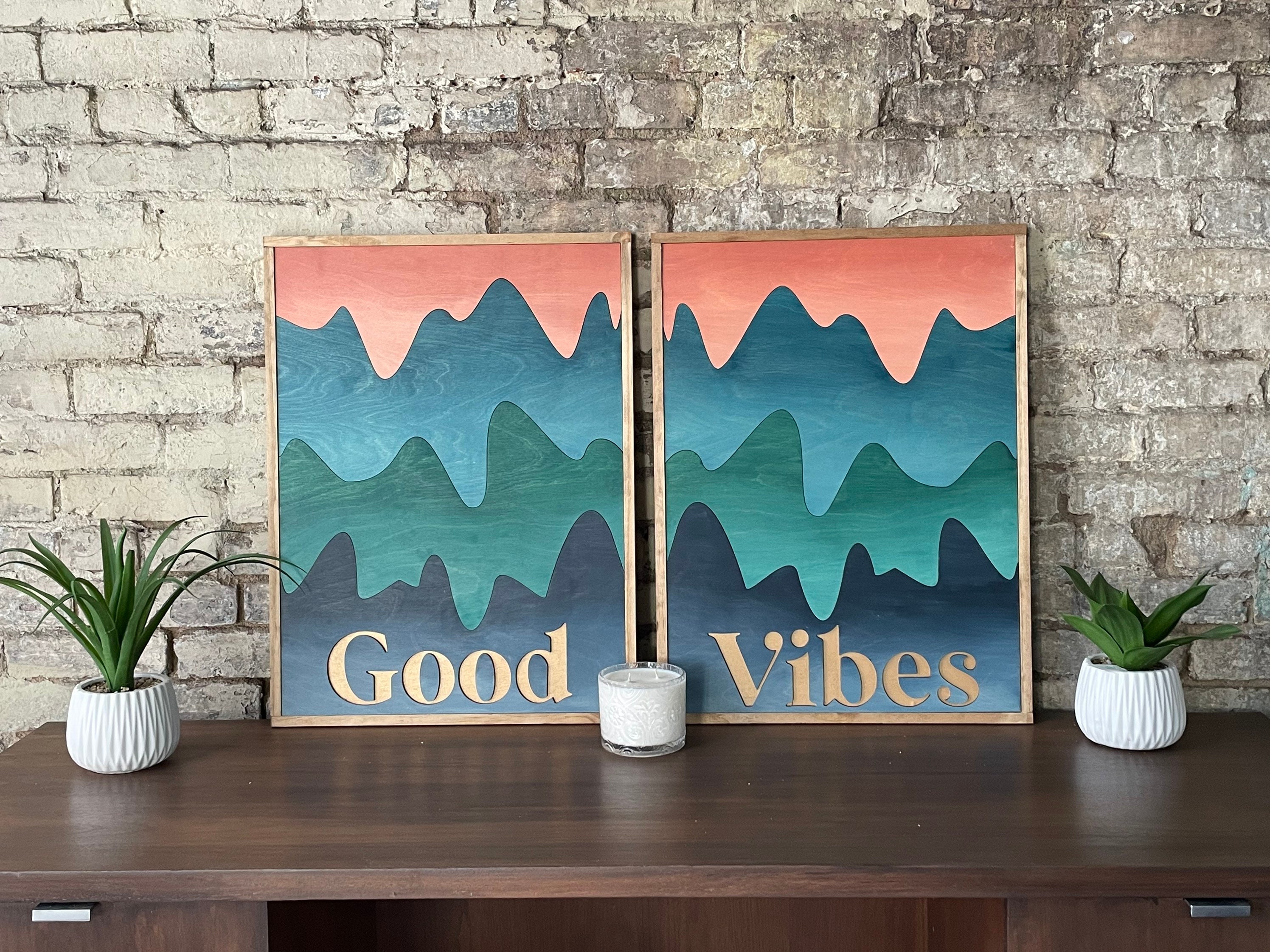 good-vibes-mountain-wood-wall-art-boho-wall-decor-2-piece-etsy