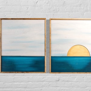 Ocean Sunset Wood Wall Art: Boho Coastal Home Decor, 2-Piece Set