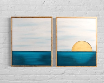 Ocean Sunset Wood Wall Art: Boho Coastal Home Decor, 2-Piece Set