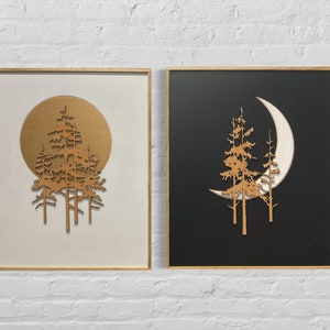 Minimalist Sun And Moon Wood Wall Art Set | Modern Black and White Tree Wooden Wall Hanging | Forest Wall Decor 2 piece set for Living Room