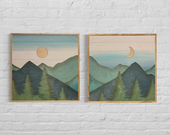 Blue Mountain Wood Wall Art | Boho Living Room Wall Hanging | 2 Piece Laser Cut Hand Painted Wooden Wall Décor