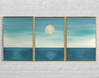Boho Sunset Ocean Wood Wall Art: Hand-Painted 3-Piece Set