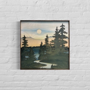 Forest Stream Wood Wall Art | Wilderness Wooden Wall Hanging | 3D Mountain Cabin Gift for Him