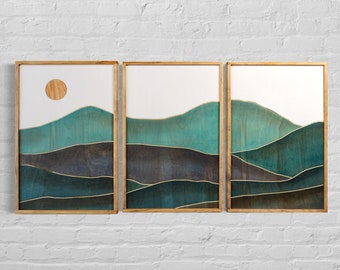 Mountain Wood Wall Art | Boho Wall Decor | Watercolor Painting | Minimalist Mountain Scene Wall Decor