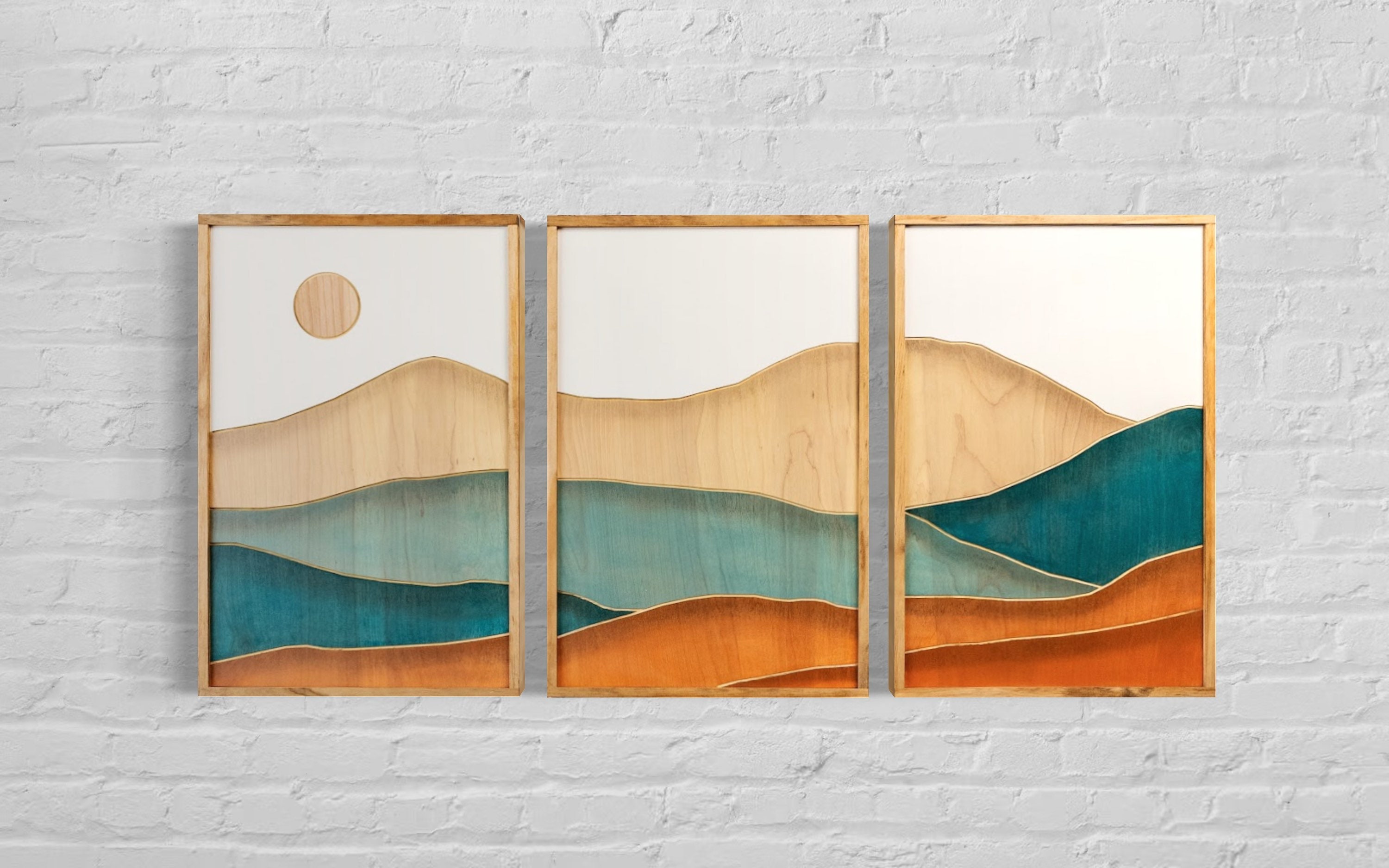 Teal Mountain Wood Wall Art | Engraved Boho Wall Décor | 3-piece Set Wall Hanging | Minimalist Mountain Scene Wall Décor