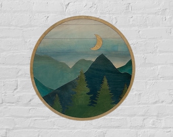 Round Mountain Moon Trees Wood Wall | Boho Circle Mountain and Tree Wall Hanging | Laser Cut Wall Art