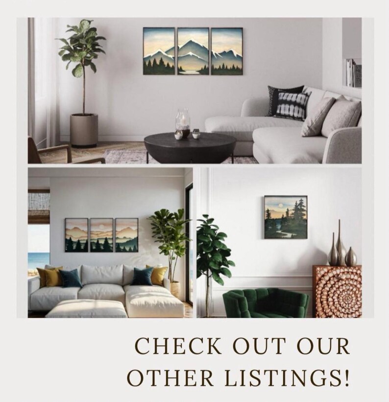 May include: Three framed landscape paintings with a mountain scene in shades of blue, green, and brown. The paintings are hung on a white wall above a white couch. The couch is in a living room setting with a coffee table and a potted plant.
