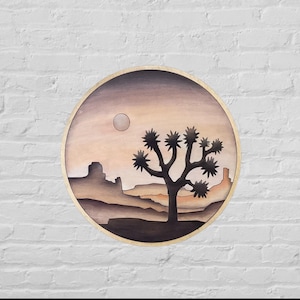 Joshua Tree Round Wood Wall Art | Desert Mountain Landscape Wooden Wall Hanging | Round Laser Cut Wood Art for Living Room Collage
