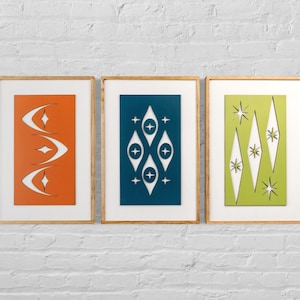 Mid Century Modern Wood Wall Art Set | MCM Atomic Wall Hanging | Modern Framed Art for Living Room