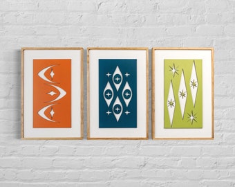 Mid Century Modern Wood Wall Art: Atomic Style Framed Set