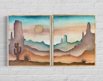 Southwest Wood Wall Art, Southwestern Wooden Wall Hanging Set, Cactus Living Room Decor, 5th Anniversary Gift, Birthday, Bohemian Decor