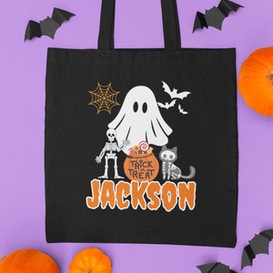 Personalized Kids Halloween Trick or Treat Tote Bag Custom Name Ghost Skeleton Double Sided Candy Sack Gift for Boys Girls Customizable Gift