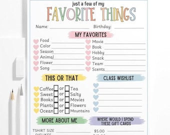 Teacher Favorite Things Printable Questionnaire Pastel Team Building All About Me Student  Teacher Survey Back To School Wishlist Gift List