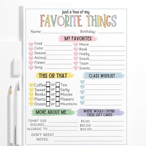 Cuestionario imprimible sobre cosas favoritas para profesores Formación de equipos en colores pastel Todo sobre mí Encuesta para estudiantes y profesores Lista de deseos para la vuelta al cole Lista de regalos