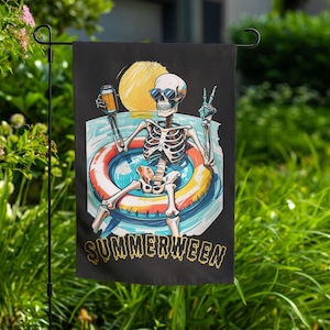 Summer Halloween Decor, Garden Flag, Funny Skeleton Banner Halloween Summer Creepy Yard Art Pool, Double Sided Porch Mailbox Pool Party Flag