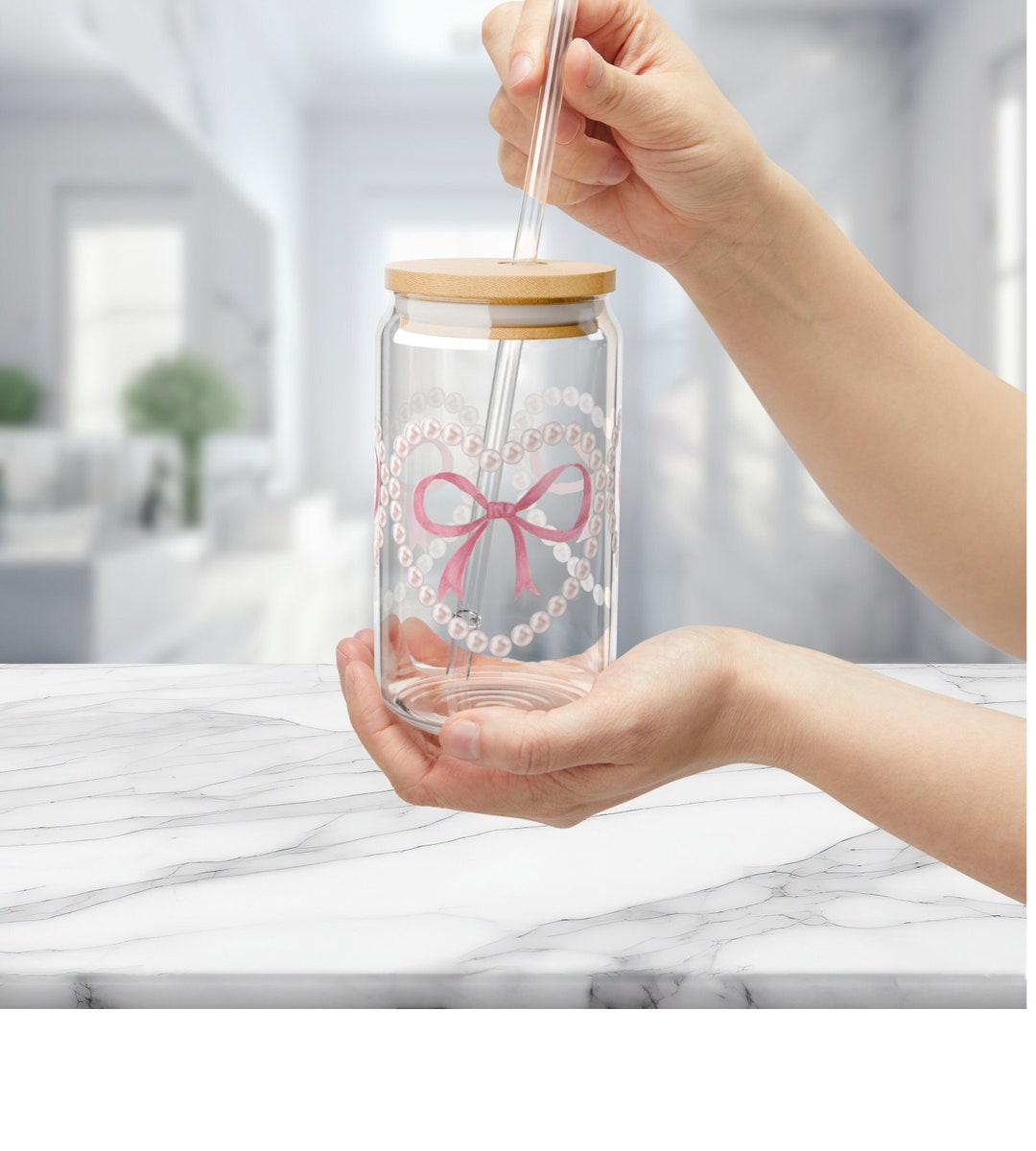 Iced Coffee Sipper Cup Coquette Heart Bow 16oz Can Glass Beer Chic ...