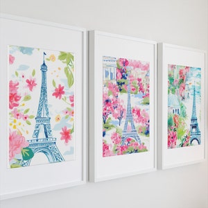 Eiffel Tower Watercolor Print Paris France Artwork Floral Pastel Poster Dorm Home Decor Wall Art Print, Pink Wall Art, Preppy Room Decor