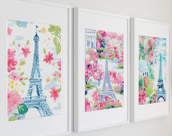 Eiffel Tower Watercolor Print, Floral Paris France Poster, Pink Dorm Decor