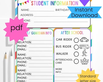 Emergency Contacts, Student Child Information Printable, Teacher Resource (PDF)