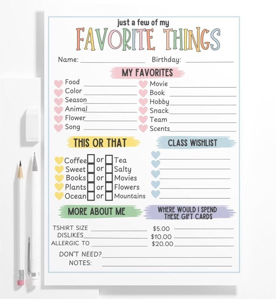 Teacher Favorite Things Printable Questionnaire Pastel Team Building All About Me Student  Teacher Survey Back To School Wishlist Gift List