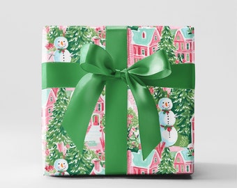 Snowman Wrapping Paper Pink Gift Wrap Winter Scene Holiday Rolls Papers Cottage Present