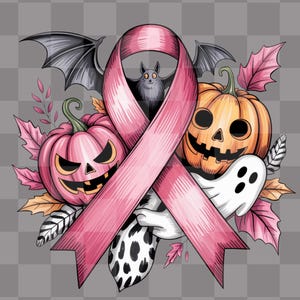 Breast Cancer Halloween PNG, October Pink Ribbon T-Shirt Design, Digital Sublimation PNG for Cancer Awareness Pink Ribbon Shirt Design