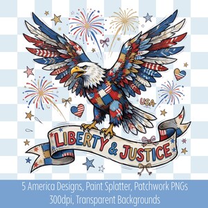 May include: A patriotic illustration of an eagle with outstretched wings, featuring red, white, and blue patchwork patterns. The eagle is perched above a banner reading "LIBERTY & JUSTICE." Fireworks and stars complete the design.