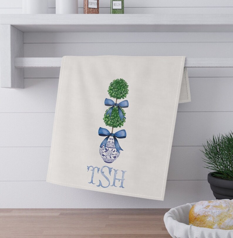 Topiary Tea Towel Monogram Blue Chinoiserie Pattern Guest Towel Cotton Preppy Chinoiserie Personalized Grandmillenial Blue and White Gift