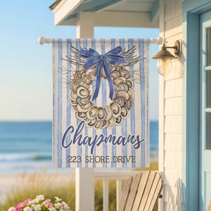 Beach House Flag, Oyster Shell Wreath Outdoor Banner, Coastal Bow Personalized Beachy Decor