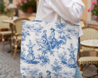 Blue Toile Fabric Tote Bag, French Country Print Shopper Gift