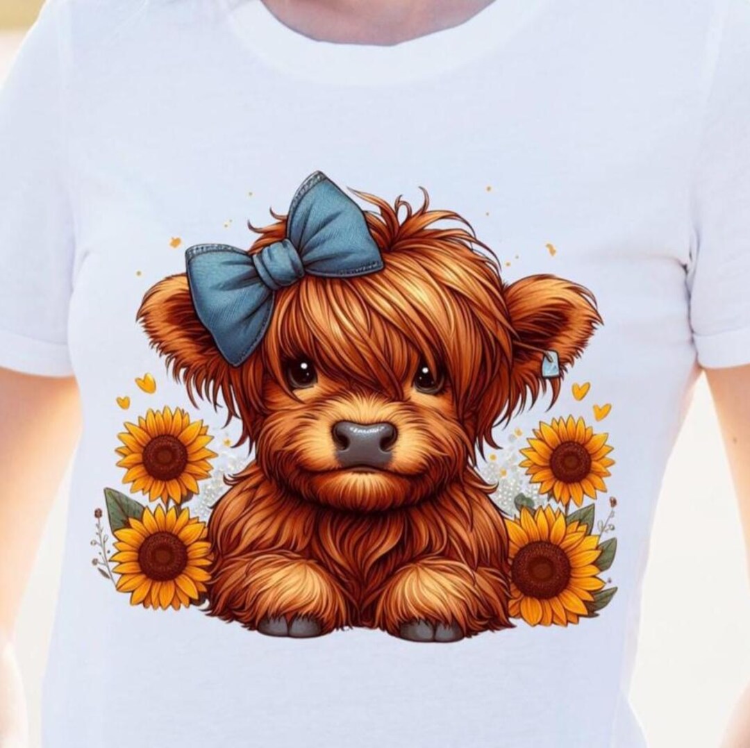 Highland Cow PNG Clipart With Sunflowers, Cute Long Haired Baby Cow ...