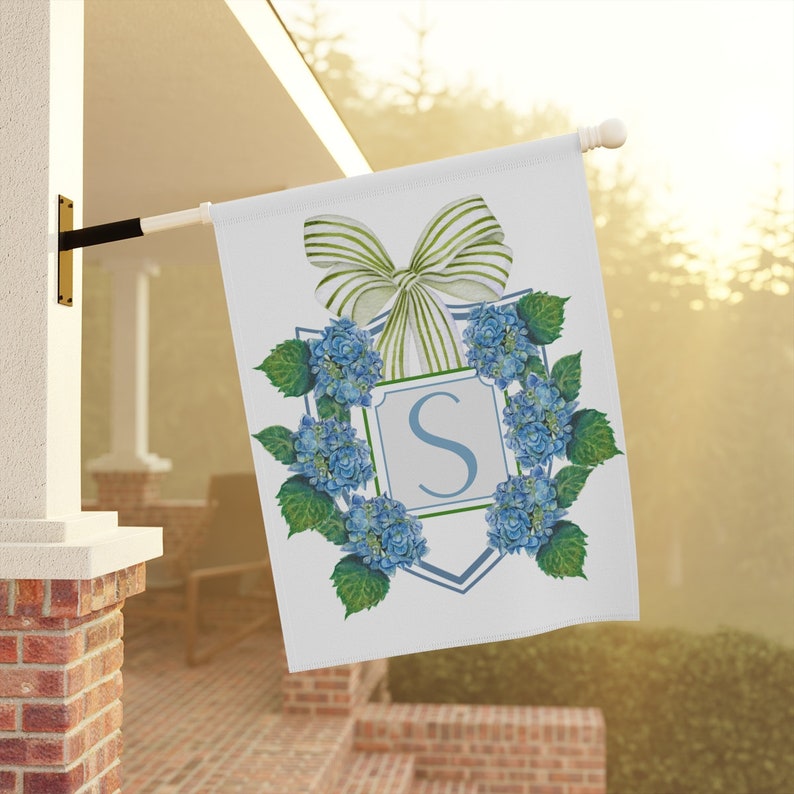 Custom Garden Flag Preppy Bow Monogram Blue Hydrangea Flag Yard Art Hydrangeas Garden Flag Personalized Decor Porch Crest Flag Patio Flag