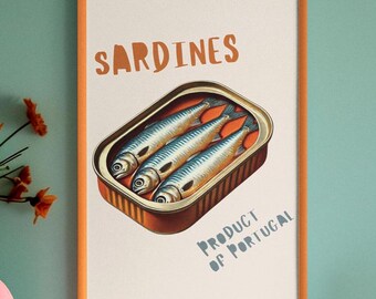 Sardines Wall Art, Retro Canned Fish Print, Eclectic Kitchen Decor, Coastal Poster