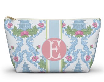 Makeup Pouch, Travel Bag, Blue Monogrammed Chinoiserie Storage