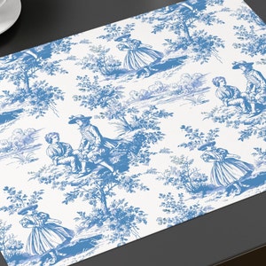 Blue Toile Fabric Placemats Set of 4, French Toile De Jouy Cotton Table Linens, Chinoiserie Country Print, Shabby Chic Dining Decor Gift