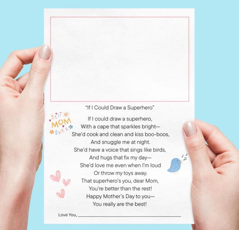 Mothers Day Poem Printable PDF for Kids, DIY Mama Gift From Child, Heartfelt Poem with Drawing Space, Children Special Gift Message for Mom
