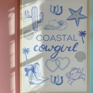 Coastal Cowgirl Wall Art, Three College Blue Decor, Boot Print Bundle Beach Collage Western Aesthetic Teen Room Preppy Digital Dorm Wall Set