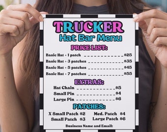 Trucker Hat Bar Template Bundle Customize Editable Canva Printable Pop Up Shop Retro Themed Checkered Pattern Snapback Documents Lists