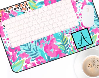 Personalized Desk Pad Large Mouse Mat Custom Monogram Office Preppy Pink Floral Cubicle Gift