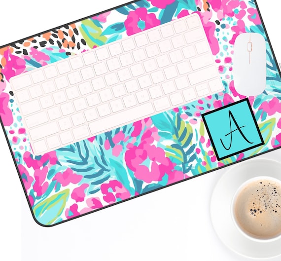 Personalized Desk Pad Large Mouse Mat Custom Monogram Office Preppy Pink Floral Cubicle Gift